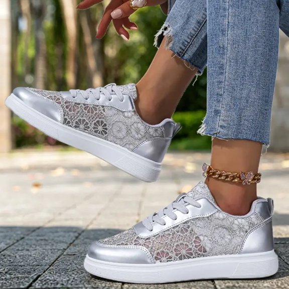 CHWshoes Women's White Lace Sneakers Floral Hollow Out Breathable Mesh Walking Shoes Lightweight Fashion Casual Tennis Flats for Summer Silver Size 42