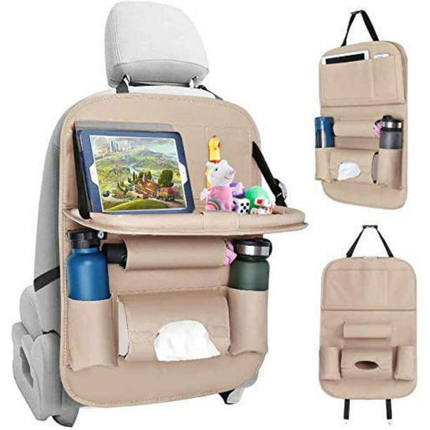 Car Backseat Organizer With Tablet Holder 9 Storage Pockets Pu Leather Foldable Table Tray Seat Back Protectors Kick Mats Travel Accessories Beige 1pcs Com Foldable Table Tray Car Seat, Car Back Seat Organizer With Foldable Table Tray