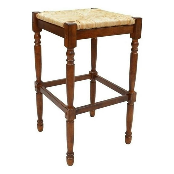Pemberly Row 29.75" Contemporary Wood Bar Stool with Woven Rush Seat in Chestnut