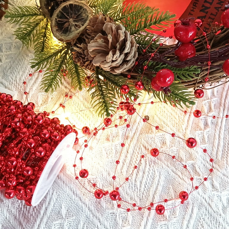 Christmas Tree Beaded Garland, Plastic Pearl Strand Chain, Red