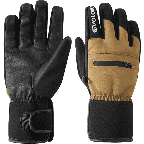 GlacierPro Winter Gloves Waterproof,Slip-Resistant,Windproof and Warm,with Zippered Pockets.Ideal for Snow Removal,Snow Sports and Skiing Brown