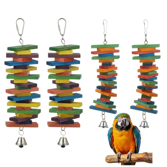 4 Pack Parrot Chew Toys – Wooden Blocks Bird Cage Toys with Bell & Hook, Hanging Biting Interactive Toy for Macaws, Lovebirds, Cockatiels, Conures (Random Colors)