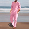 thumbnail image 2 of Fgnfyis Men Pieces Cotton Linen Set Henley Shirt Long Sleeve and Casual Beach Pants Summer Yoga Outfits Pants Sets for Men Pink L, 2 of 9