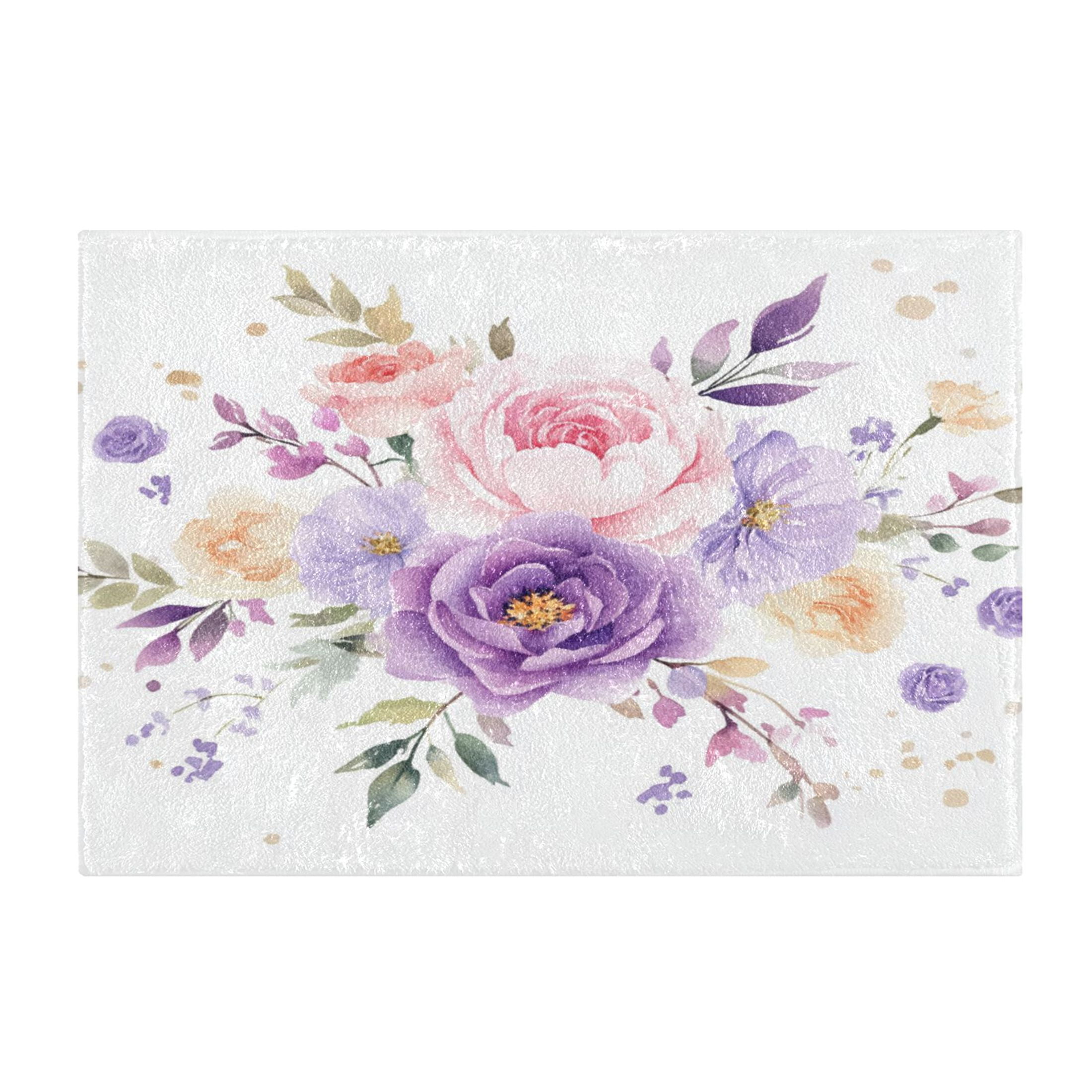 2 Piece Soft Bathroom Rug Set Purple and Pink Roses Bath Mat and U-Shaped Toilet Contour Rug (16"x24"+20"x24")