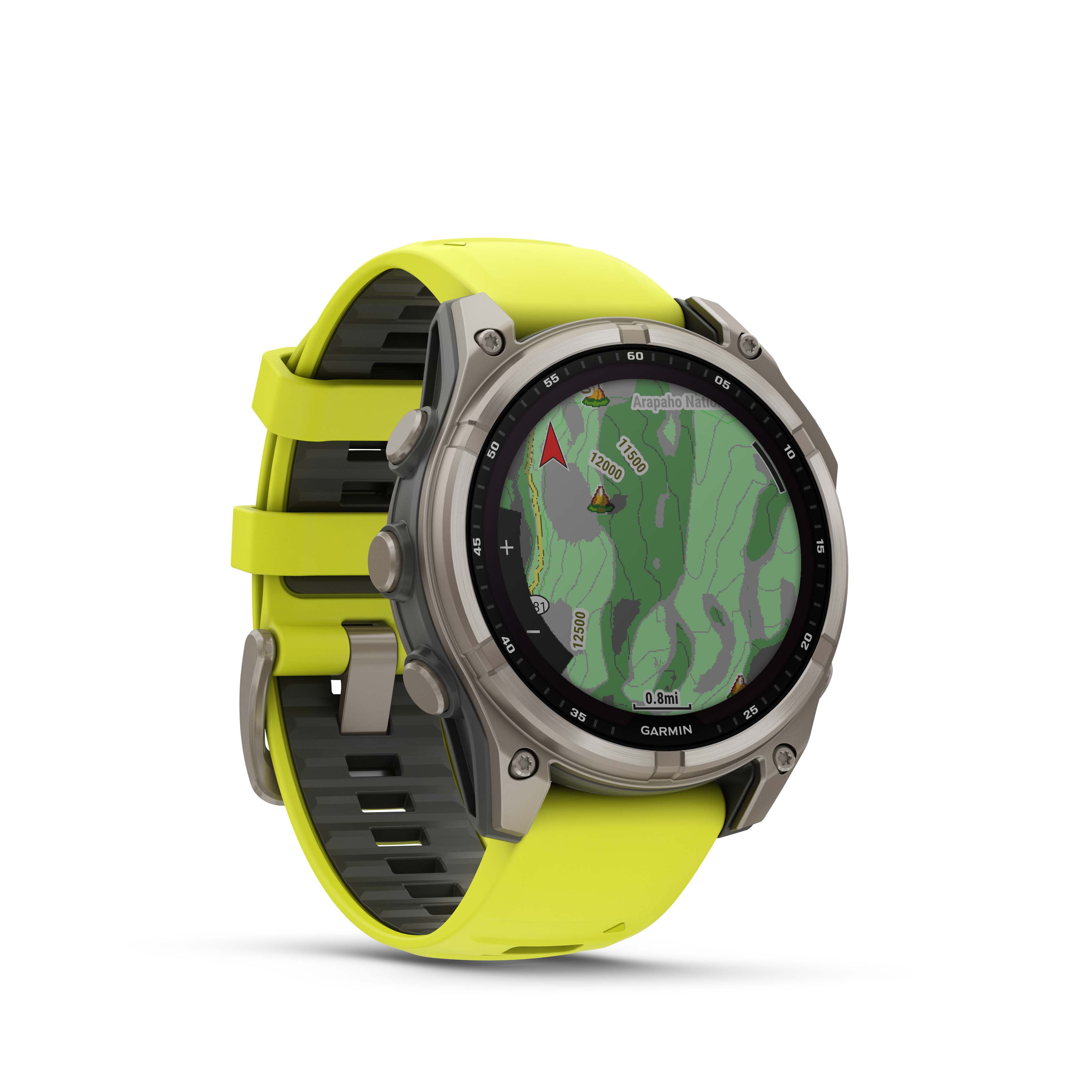 Garmin Fenix 8 47 mm Multisport GPS Smartwatch, Solar, Sapphire, Titanium with Amp Yellow/Graphite Silicone, Built-in LED Flashlight with Wearable4U Black EarBuds Bundle