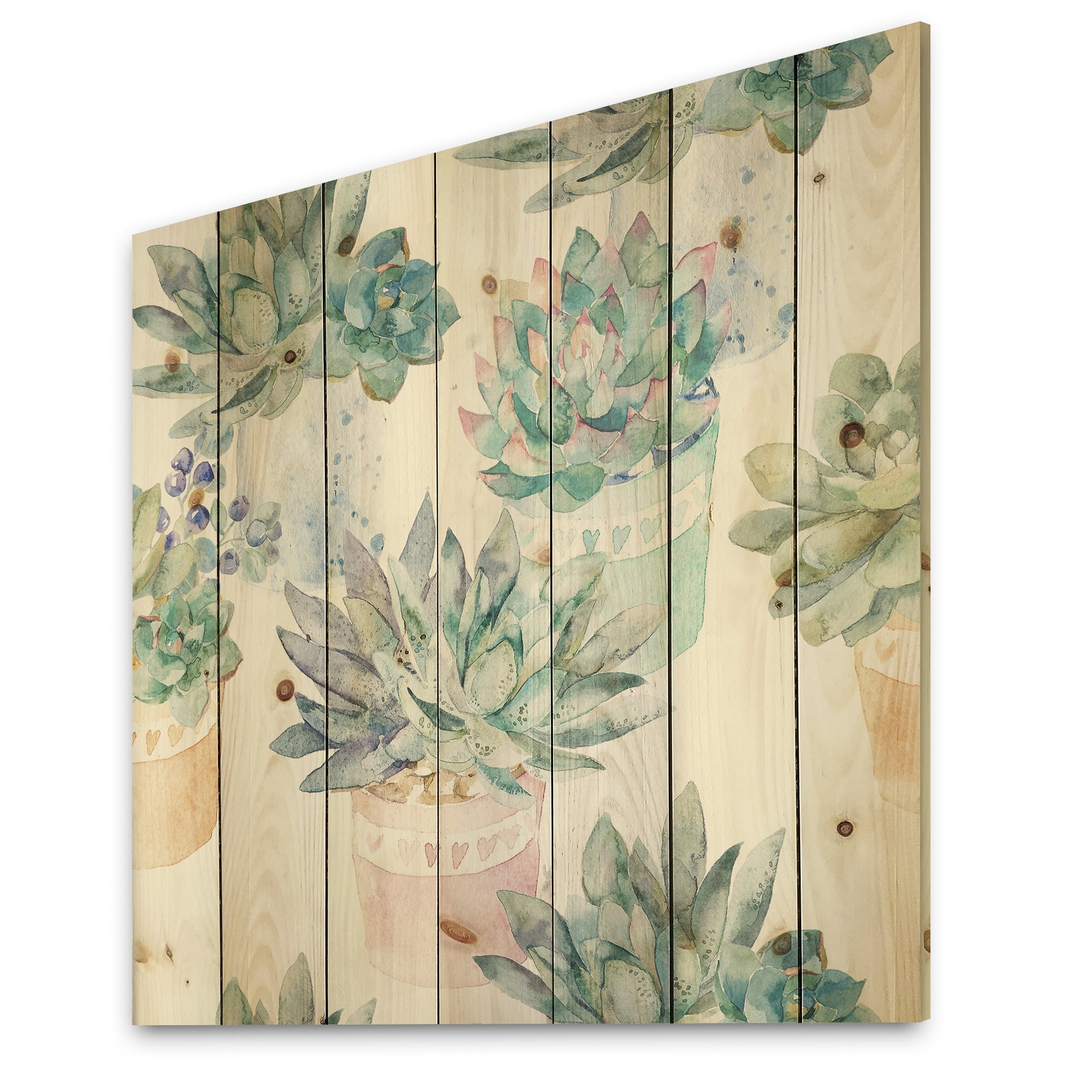 Designart 'Pastel Toned Succulent Housplants in Flowerpots' Traditional Print on Natural Pine Wood