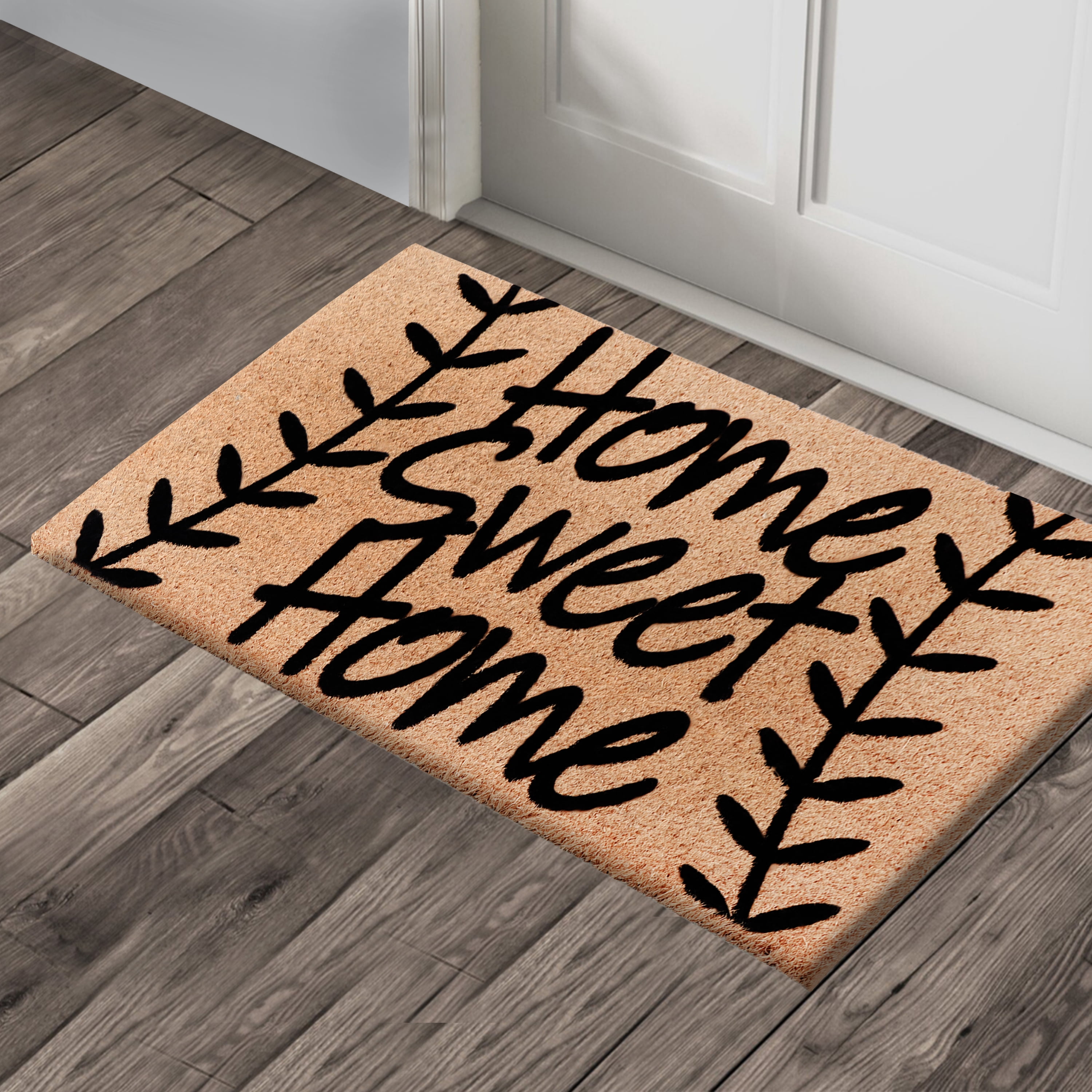 A1HC Natural Coir Flocked Doormat, Leafy Home Sweet Home Black , 18"x30", Durable Outdoor Welcome Mat, Non-Slip, Pet Friendly