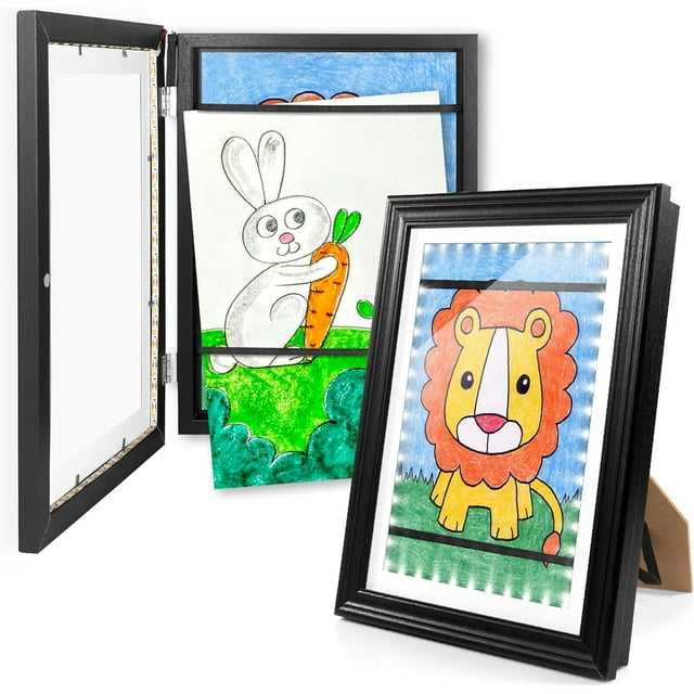 KOTNYX LED Light Kids Artwork Frame - Front Opening Kids Art Display Picture Frame, Holds 100 Pictures, MDF & Shatter-Resistant Glass, Standing Frame/Wall Hanging,13.3x10, Mat 11.6x8.3 - Black