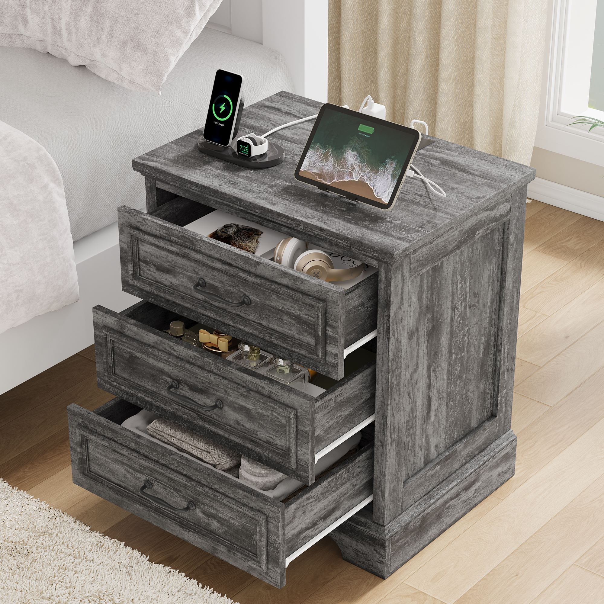 Farmhouse Nightstand with Charging Station, 3 Drawers Bedside Table for Bedroom for Adults, Dark Gray