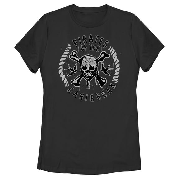 Women's Pirates of the Caribbean: Curse of the Black Pearl Black and White Rope Skull Logo  Graphic Tee Black Medium