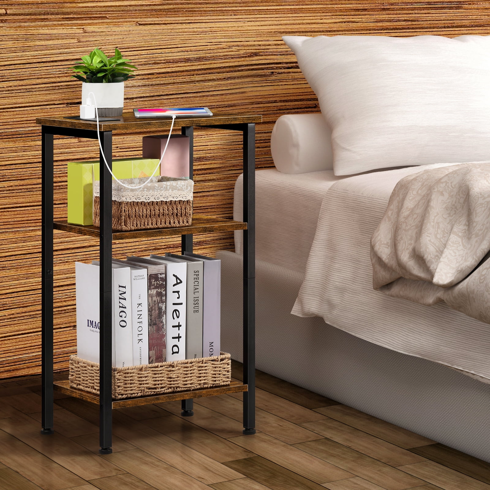 Industrial Nightstand with Charging Station, 3鈥慣ier Open Shelf End Table with 2 AC Outlets & 2 USB Ports, Single Pack