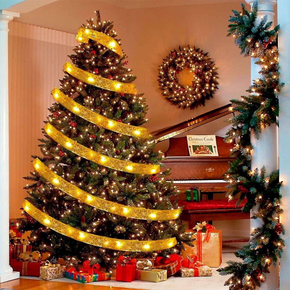 LINLIN Christmas Ribbon Lights, 13ft 40 Light Gold Warm Christmas Fairy Light Xmas String Light Up Ribbon Bows for Indoor Christmas Holiday Party Decoration Supplies