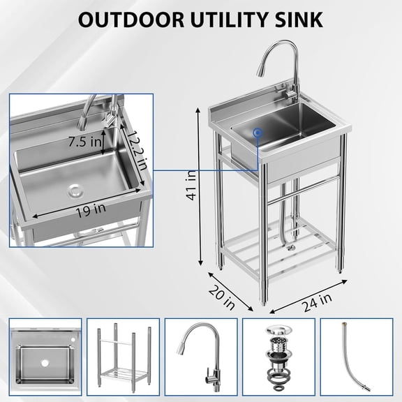 Freestanding Stainless Steel Utility Sink 24x20x41 ines Single Bowl Hot And Cold Faucet Adjustable Legs Rapid Drainage System Built In Knife Storage Durable Commercial Kitchen Garage Bathroom Use