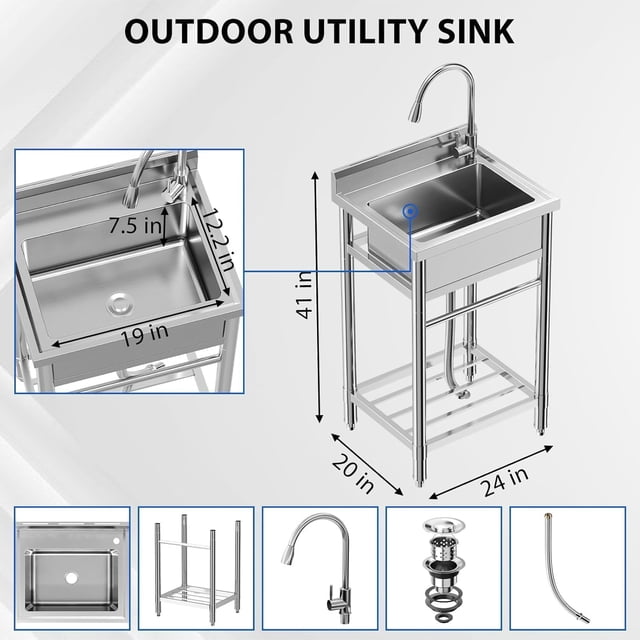 24x20x41 Inches Freestanding Stainless Steel Utility Sink: Single Bowl, Hot and Cold Faucet, Adjustable Legs, Rapid Drainage System, Built - In Knife Storage