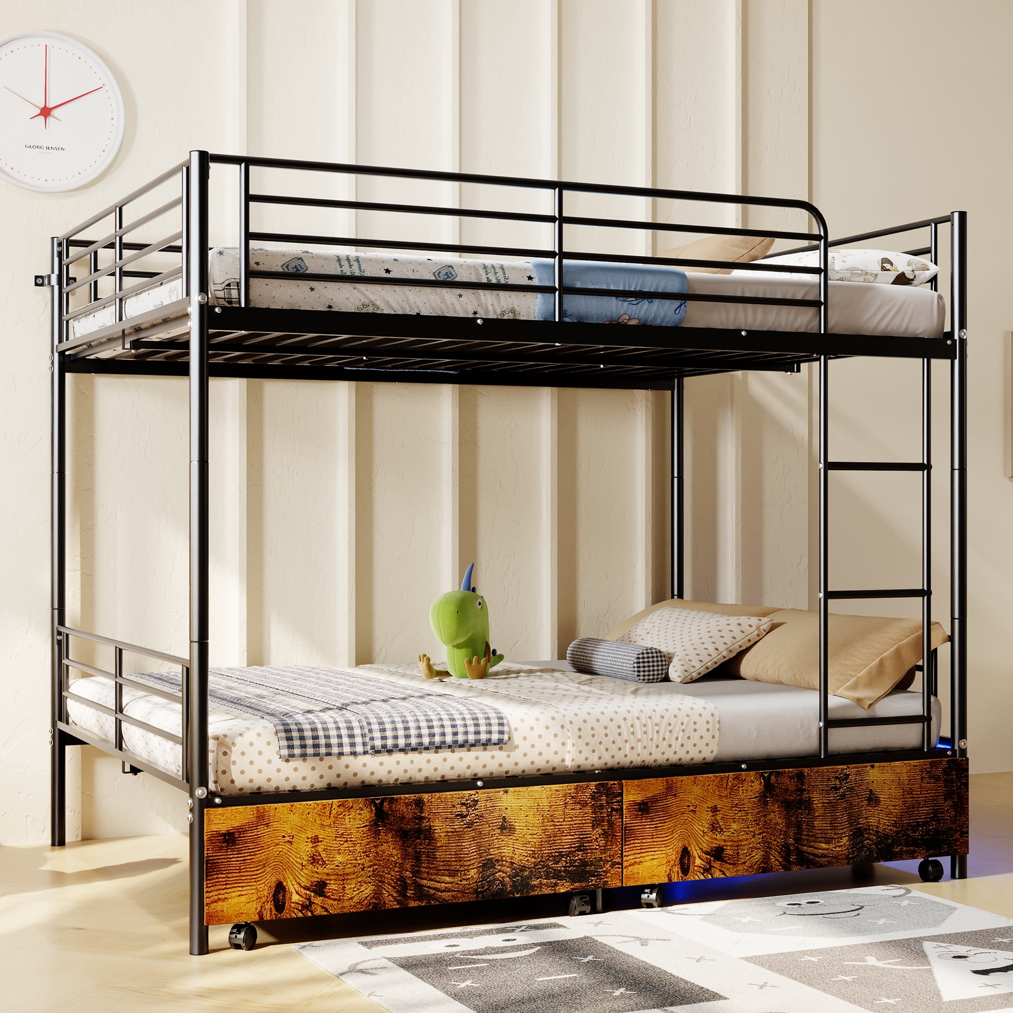 Aisword Full Over Full Metal Bunk Bed with Smart LED Lights & Charging Station,Convertible Platform Bed with 2 Storage Drawers,Noise-Free Iron Frame,Black