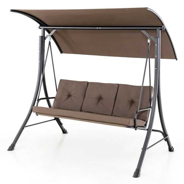 Costway Balançoire de Porche Extérieure 3 Places Auvent Ajustable Coussins Rembourrés Cadre en Acier Brun