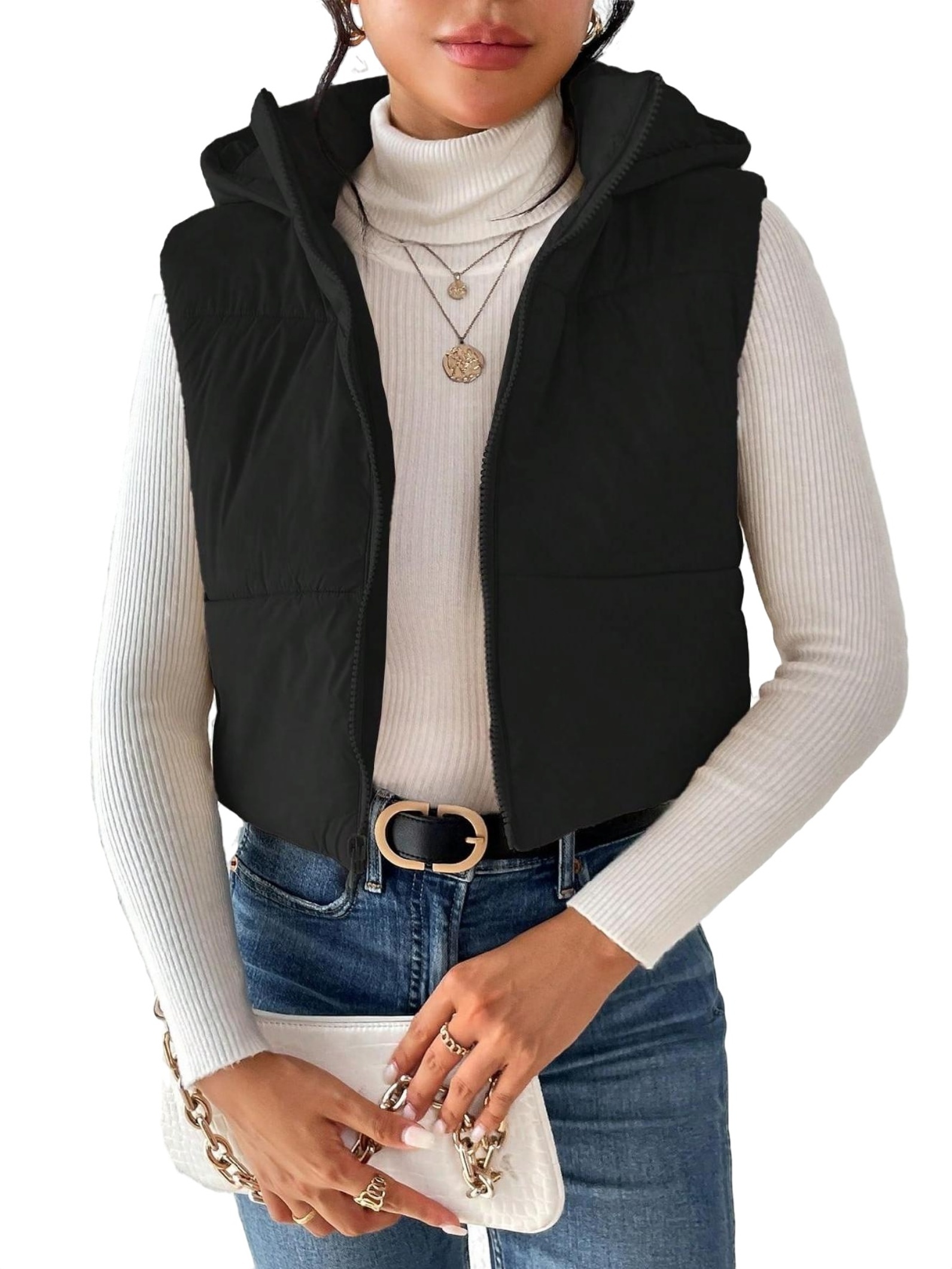 Casual Plain Hooded Vest Puffer Black Women Winter Coats - Walmart.com