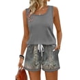 thumbnail image 2 of GILIGEGE Two Piece Sets for Women Lounge Short Sets Tank Square Neck Sleeveless Sweatsuit with Pocket Vacation Outfits Drawstring Boho Shorts Set Tropical Loungewear for Daily Wear Blackish Green, 2 of 9
