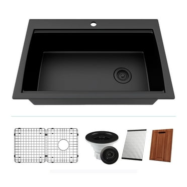 33" x 22" Workstation Kitchen Sink, Quartz Kitchen Sink, Single Bowl Sink, Drop-in Sink, Granite Kitchen Sink, Galaxy Black Kitchen Sink, with Accessories by Lexicon Platinum LP-750TM-K