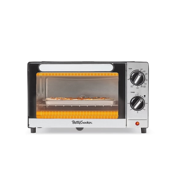 Betty Crocker 9L Toaster Oven, 2-Slice Toaster with Chrome Plated Front, Stainless Steel Handle, Bake, Broil & Toast Functions, Easy Control Dials, Includes Baking Pan & Rack, BC-5665B, Black/Silver