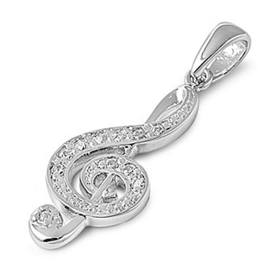 Filigree Swirl Music Note Pendant Clear Cubic Zirconia .925 Sterling Silver Charm Jewelry Female