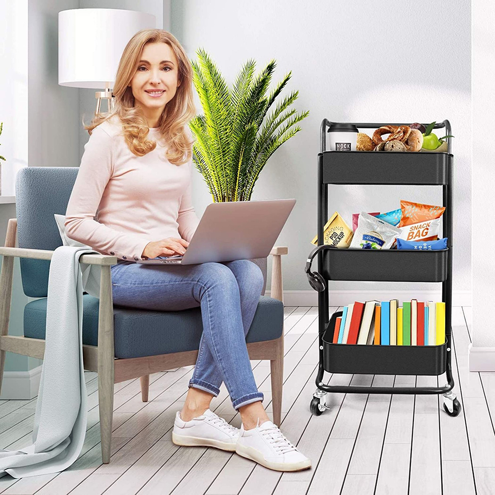 Kadyn 3 Tier Utility Carts with Lockable Wheels, Metal Rolling Cart with Handle, Storage Organizer Trolley Cart for Bathroom, Black Kadyn 3 Tier Utility Carts with Lockable Wheels, Metal Rolling Cart with Handle, Storage Organizer Trolley Cart for Bathroom, Black
