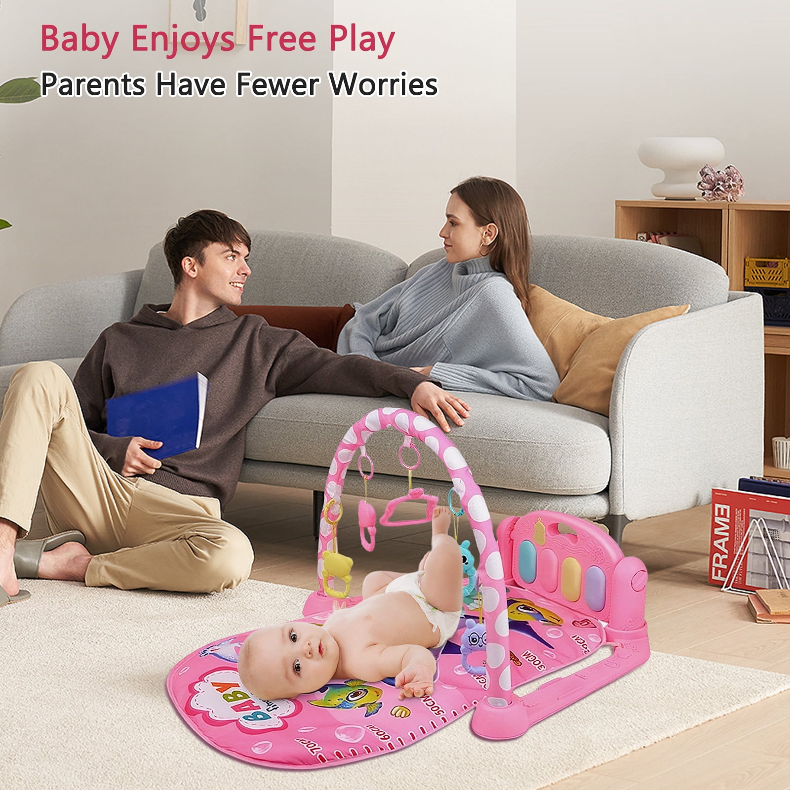 HDUTNGISN Baby Play Mat Gym with Piano & Toys-Tummy Time Activity Mat for Infants 0-12M (Pink)