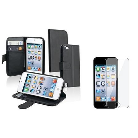 Insten Black with Card Holder Stand Leather Case + Clear Screen Protector for Apple iPod touch 6th 5th Generation