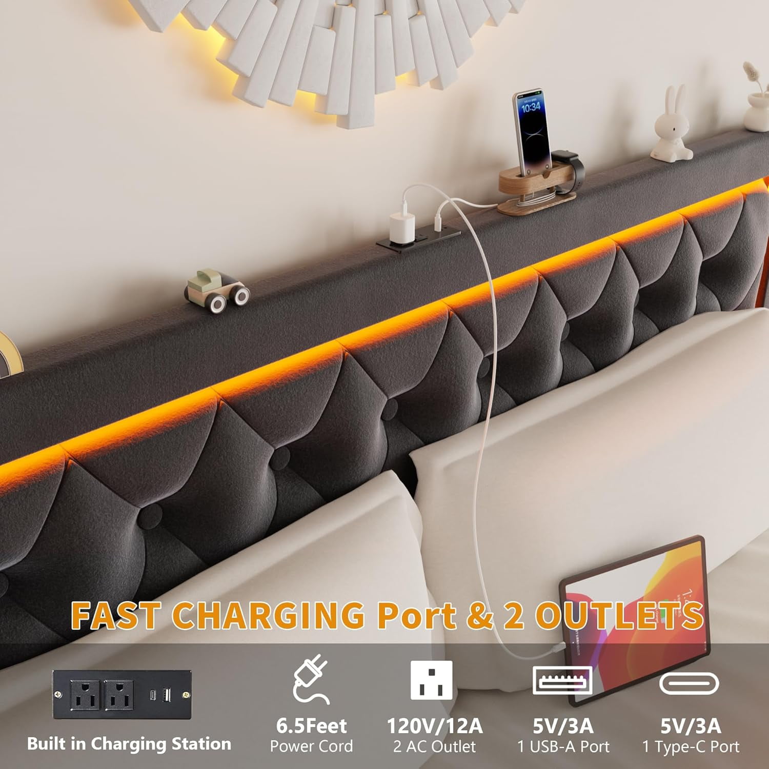 Full Bed Frame with 4 Storage Drawers, Upholstered Platform Bed Frame with Type-C & USB Ports, Adjustable Button Tufted Headboard, Mattress Foundation with Slats Support, No Box Spring Needed, Gray