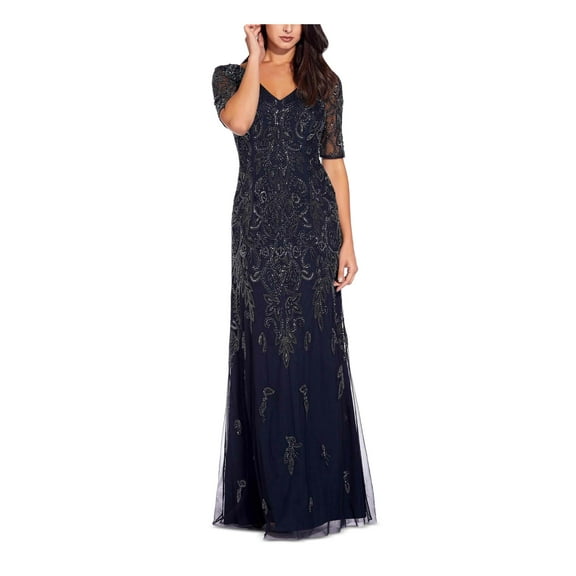 ADRIANNA PAPELL Womens Navy Beaded Sequined Patterned Short Sleeve V Neck Full-Length Formal Fit Flare Dress Petites 6P