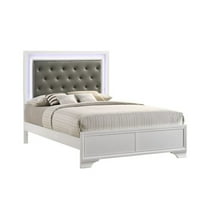 Benjara Lise Queen Size Bed, Gray Fabric Upholstery, LED Lit, Modern White Wood
