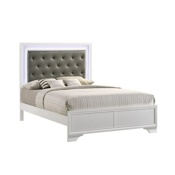 Benjara Lise Queen Size Bed, Gray Fabric Upholstery, LED Lit, Modern White Wood
