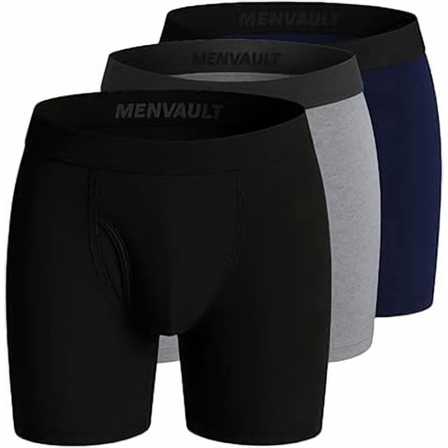 Menvault Incontinence Underwear featuring ultra-absorbent boxer briefs for men, shown in black, grey, and blue colors. Designed for light to moderate urinary leakage, these briefs offer discreet everyday protection with a multi-layer absorbent design. Made from a cotton-spandex blend for softness and breathability, they include a flexible waistband and stretch-friendly leg openings for a secure fit. Machine-washable and reusable, they are suitable for daily wear, travel, or active routines, and available in sizes M to 3XL.