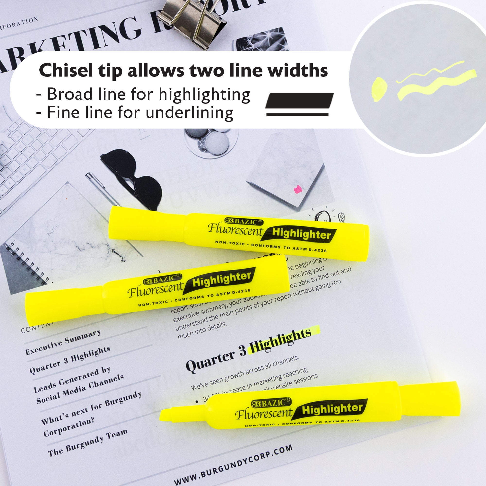 BAZIC Yellow Highlighter Desk Style Chisel Tip Unscented Marker, 144-Count