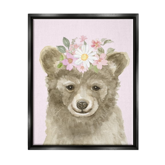 Stupell Industries Floral Bear on Pink Animals & Insects Painting Black Floater Framed Art Print Wall Art, 17 x 21
