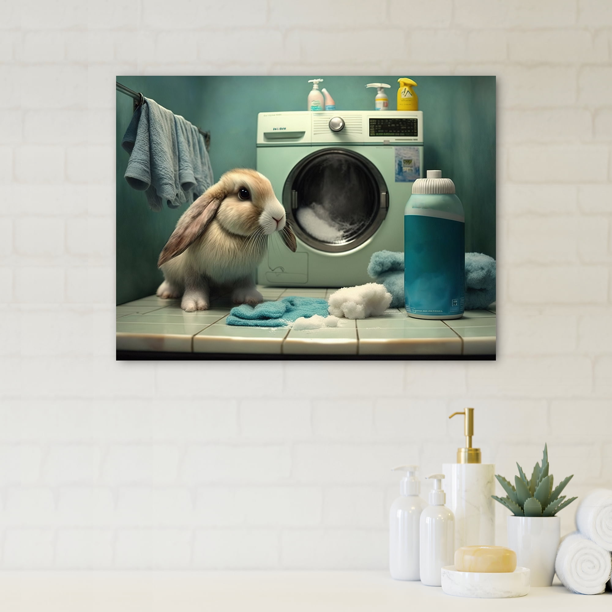 Designart Funny Rabbit Doing Laundry I Canvas Wall Art