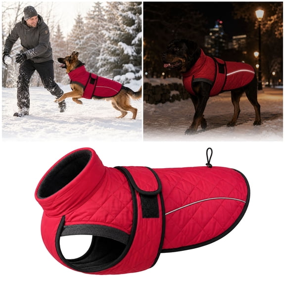 Warm Thermal Quilted Dog Coat With Fleece Lining, Adjustable Bands Outdoor Pet Apparel, Cozy Fleece Jacket For Winter Walks