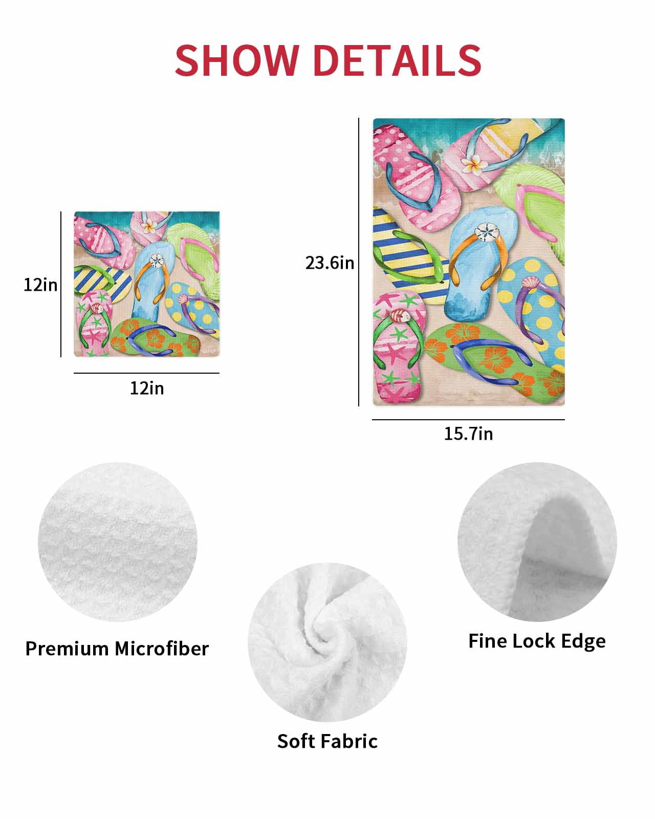 Colorful Flip Flops Dish Towels Set, Waffle Weave Kitchen Towels 3 Pieces, Summer Blue Beach Ocean Microfiber Hair Face Bath Tea Towel Absorbent Quick Drying Cleaning Dish Cloths 12"x12"