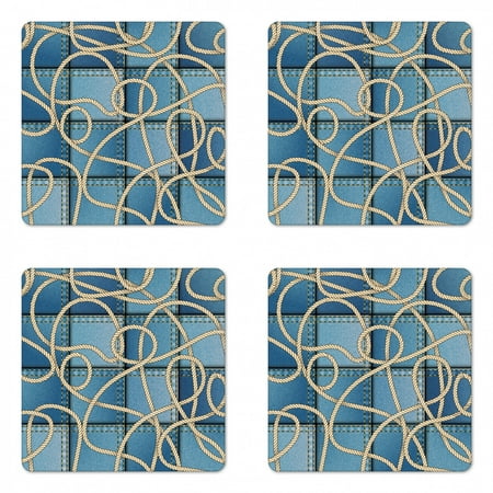 

Nautical Coaster Set of 4 Various Patches of Denim in Sea with Sailor Knot Rope on Foreground Image Art Print Square Hardboard Gloss Coasters Standard Size Blue by Ambesonne