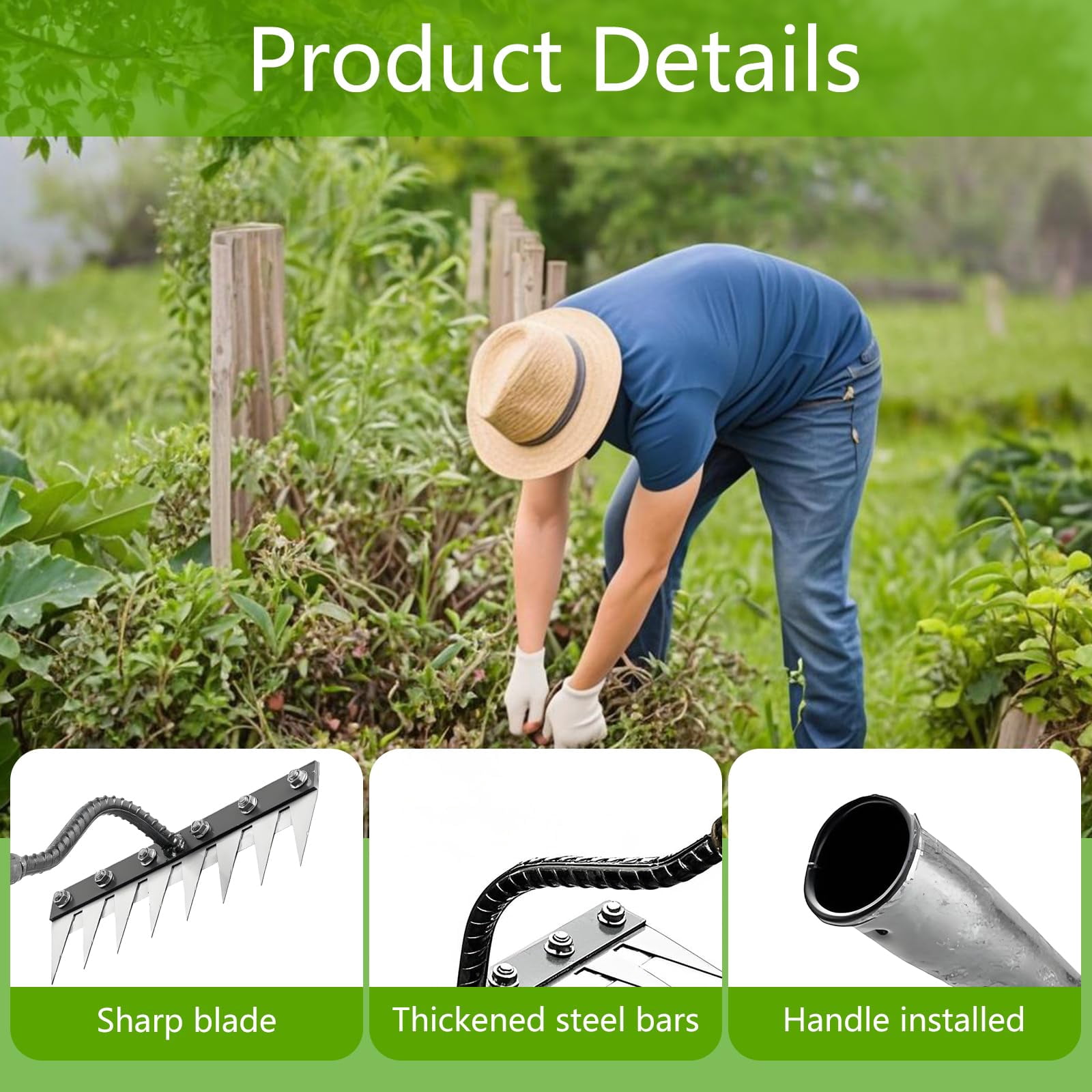 Teeth Carbon Steel Garden Weeding Rake, Detachable 7/8 Teeth Heavy Duty Tool for Yard Farm Lawn Weeding