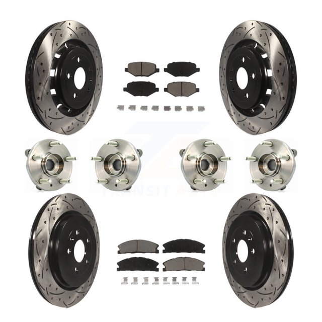 Transit Auto Front Rear Hub Bearings Assembly Coated Disc Brake Rotors and Ceramic Pads Kit (10Pc) for Car Ford Lincoln Flex MKS Taurus MKT - Left Right Side (Driver Passenger) KBB-119859