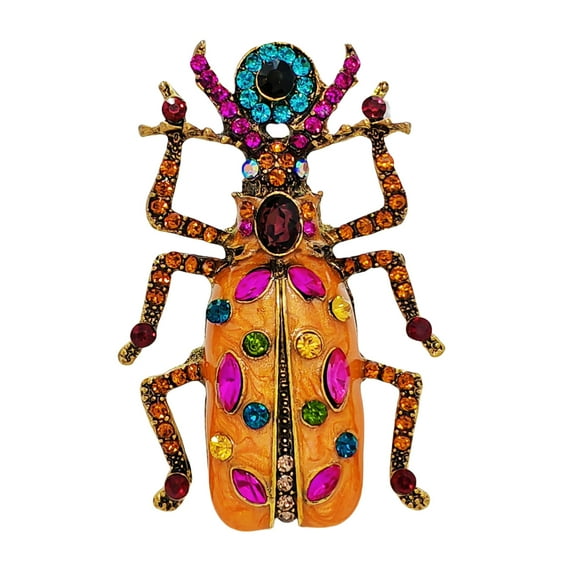 Ancient Vintage Large Orange Enamel Scarab Pin Brooch with Colored Crystal