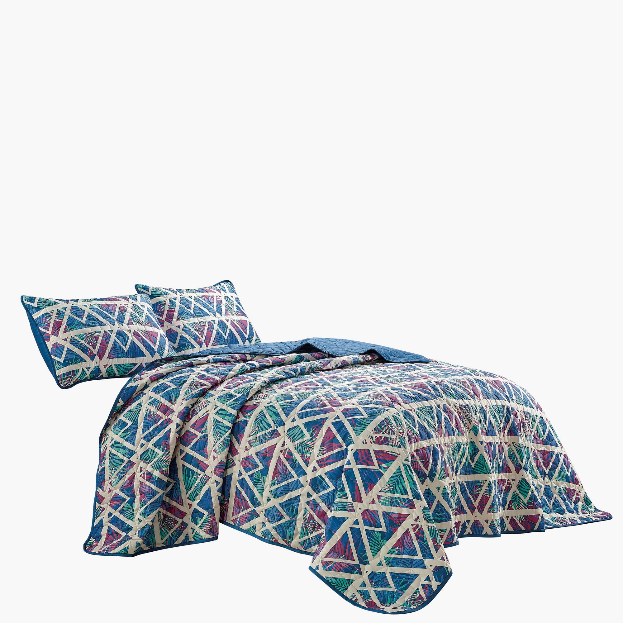 Blue & Purple Geometric Reversible 3 Piece Bedspread Set,Queen