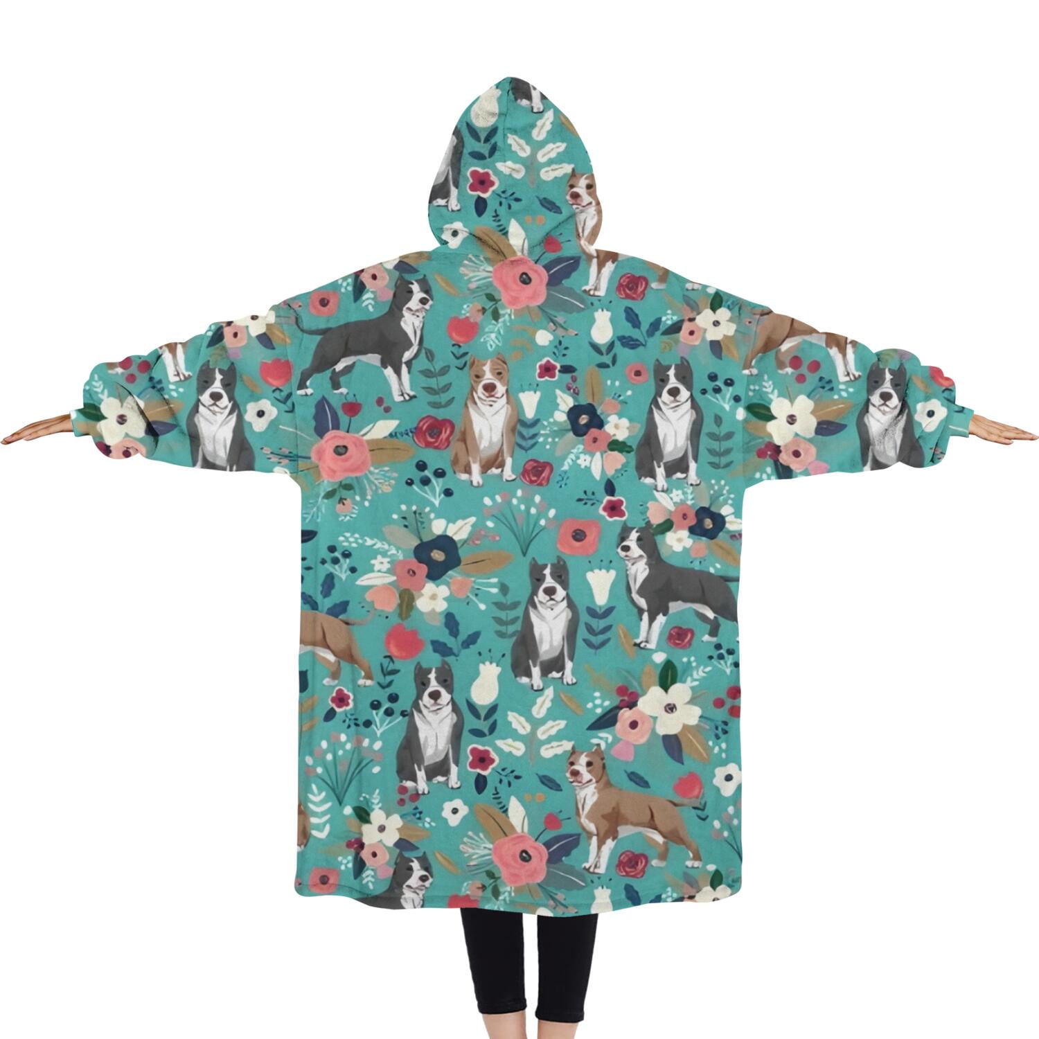 Oversized Wearable Blanket Hoodie,Pitbull Dog and Flower Floral Sherpa Blanket Hoodie with Super Pockets,Super Warm Fuzzy Pullover for Women & Men