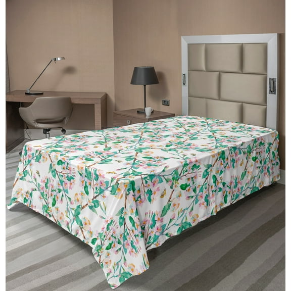Ambesonne Flower Flat Sheet, Japanese Spring Blossoms, TwinXL Size, Pink Green