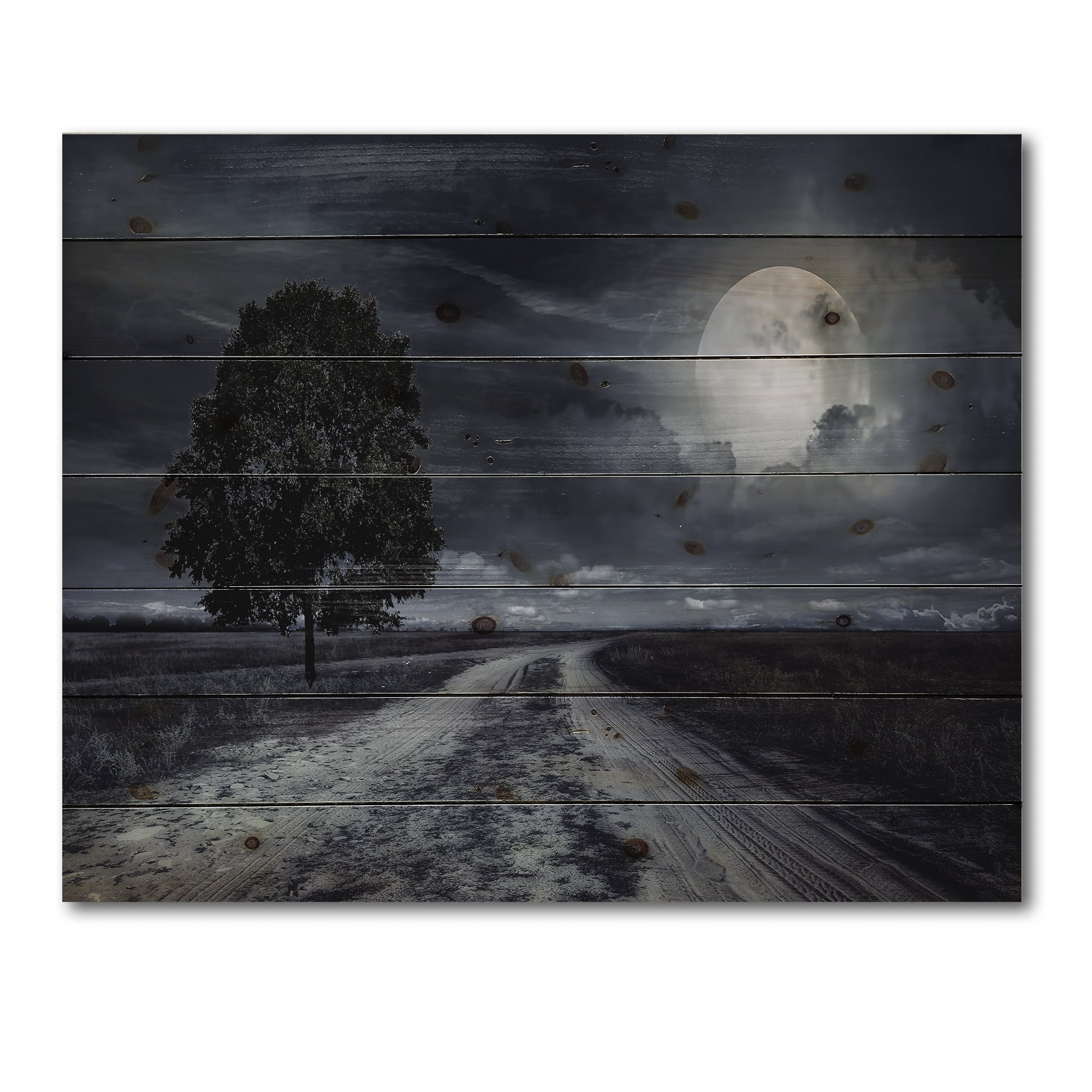Designart 'A Full Moon Over Paved Road' Nautical & Coastal Print on Natural Pine Wood