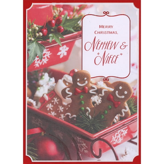Designer Greetings Gingerbread Men Cookies and Pine Needles in Red Sleigh Christmas Card for Nephew and 'Niece'
