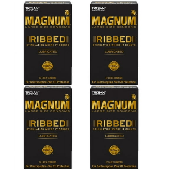 Trojan Magnum Ribbed Large Size Lubricated Condoms 12 Count, 4 Pack, Lubricated