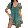 thumbnail image 2 of Smsaxvxz Women's Summer Dress Fashion Floral Printed V Neck Short Sleeve Sundress Casual Loose Flowy Hem Knee Length T-Shirt Dress Multicolor 01 M, 2 of 7