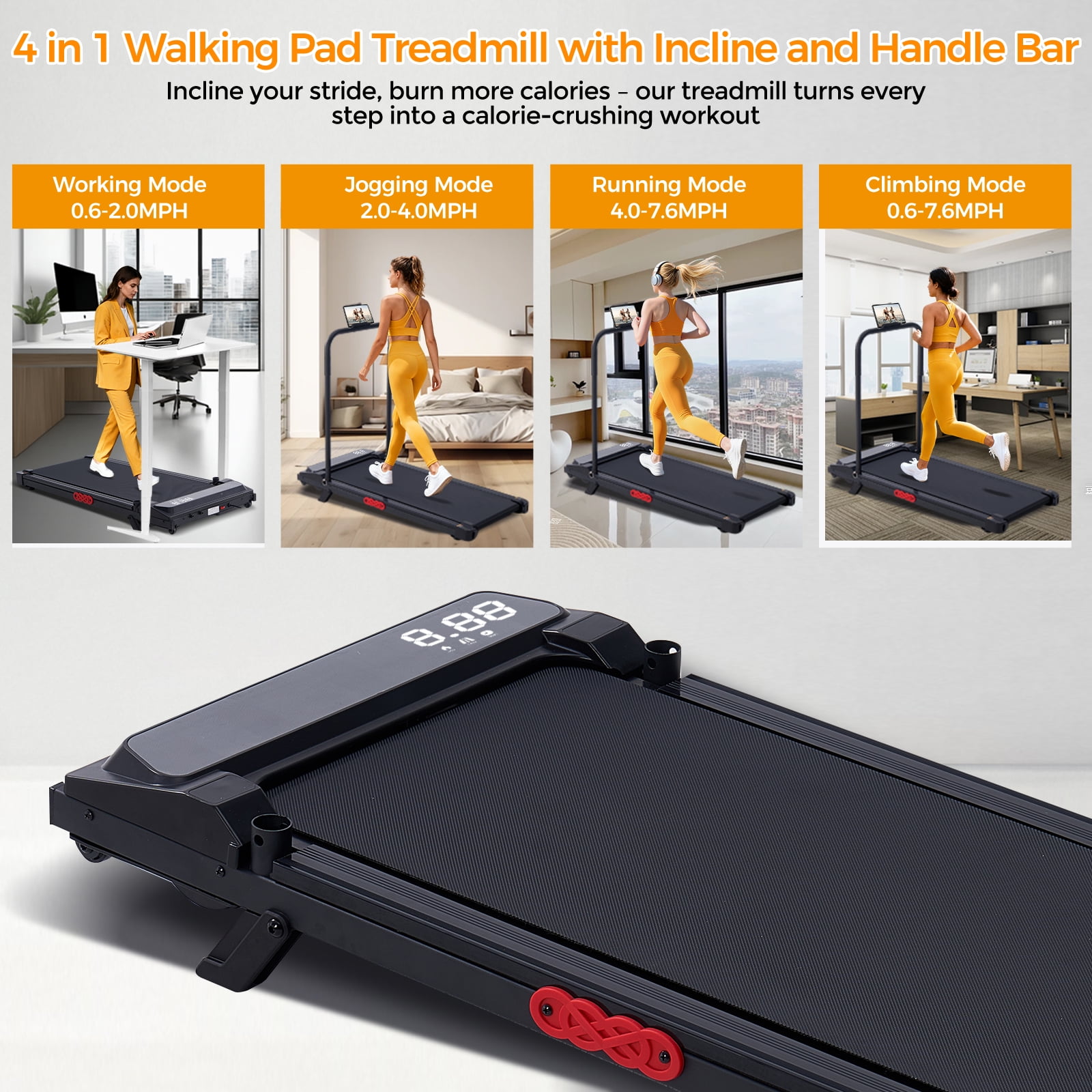HevGlrm Walking Pad Treadmill with Handles for Home Workouts,Portable Compact Treadmills Under Desk Walking Pads with LED Display,350lbs Capacity
